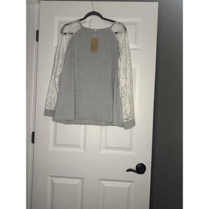Epretty Long Sleeve Gray Top White Raglan Lace Sleeves Xl Nwt
